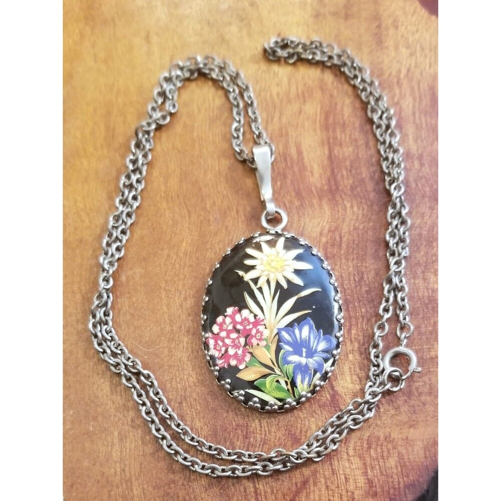 Antique Victorian Hand Painted Flowers Oval Necklace 1.625"x1.125" 24" Chain